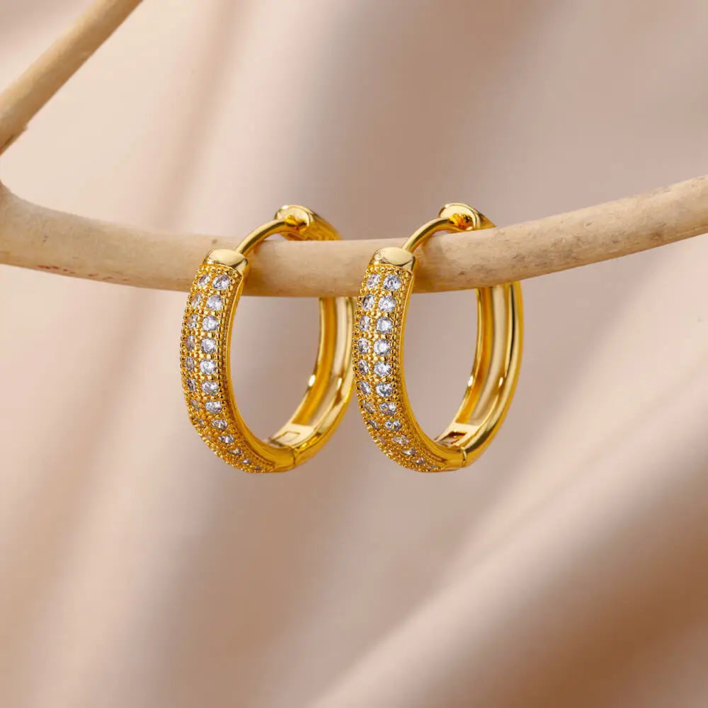 Cubic Zirconia Hoop Earrings For Women Luxury Crystal Zircon Gold Color Stainless Steel Earring Jewelry Wedding Party Gift