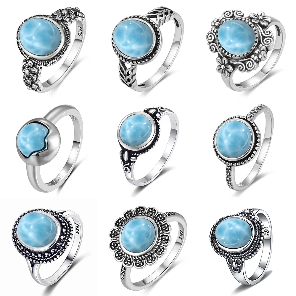 Vintage 925 Silver Ring Natural Larimar Stone Ring Round Flower Shape Sky Blue Summer Ring Fine Jewelry Gift for Men Women