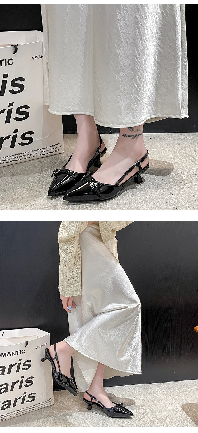2026 New Summer Women's Dress Shoes Patent Leather Slip on Pointed Toe Sandals Buckle Slingbacks Mid Heels Pumps Sandalias Mujer
