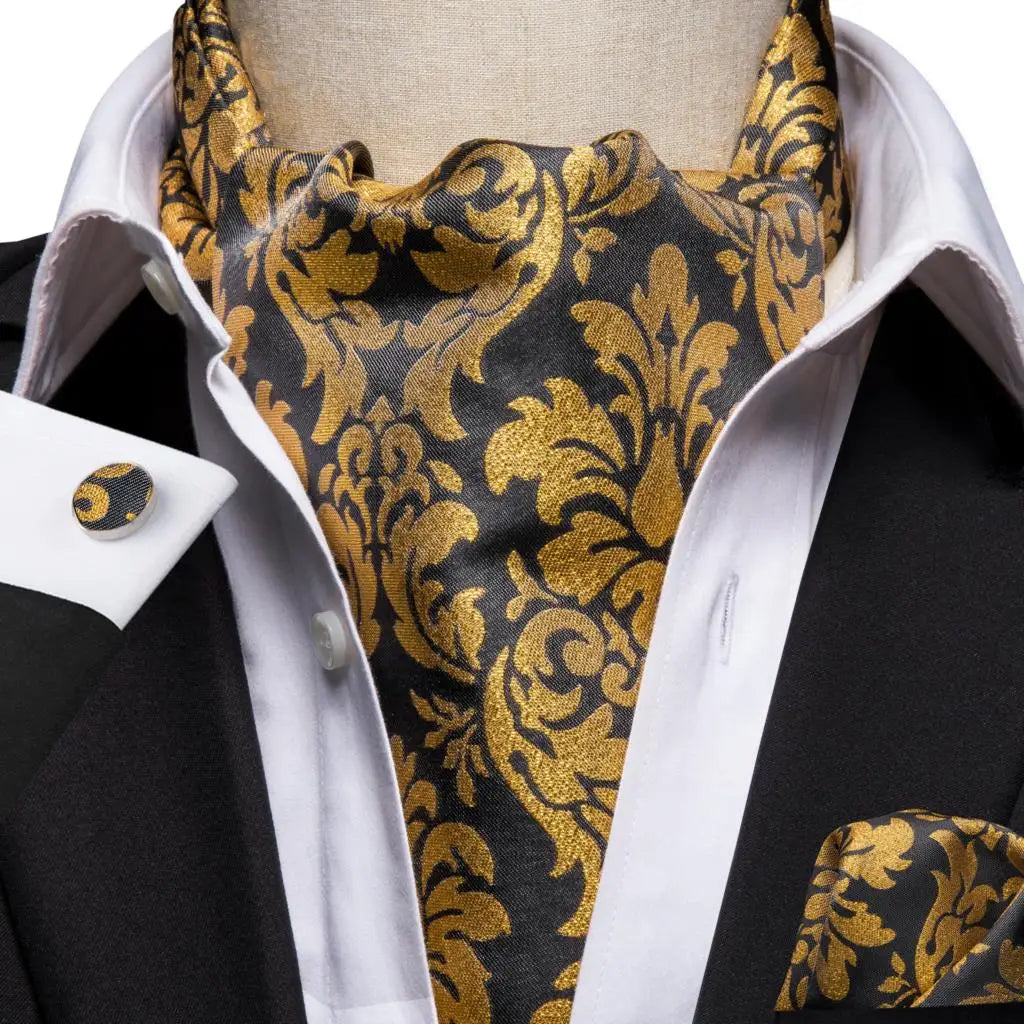 Hi-Tie Mens Ascot Black Pink Blue Red Gold Green Purple White Cravat Tie Hanky Cufflinks for Male Wedding Business Prom