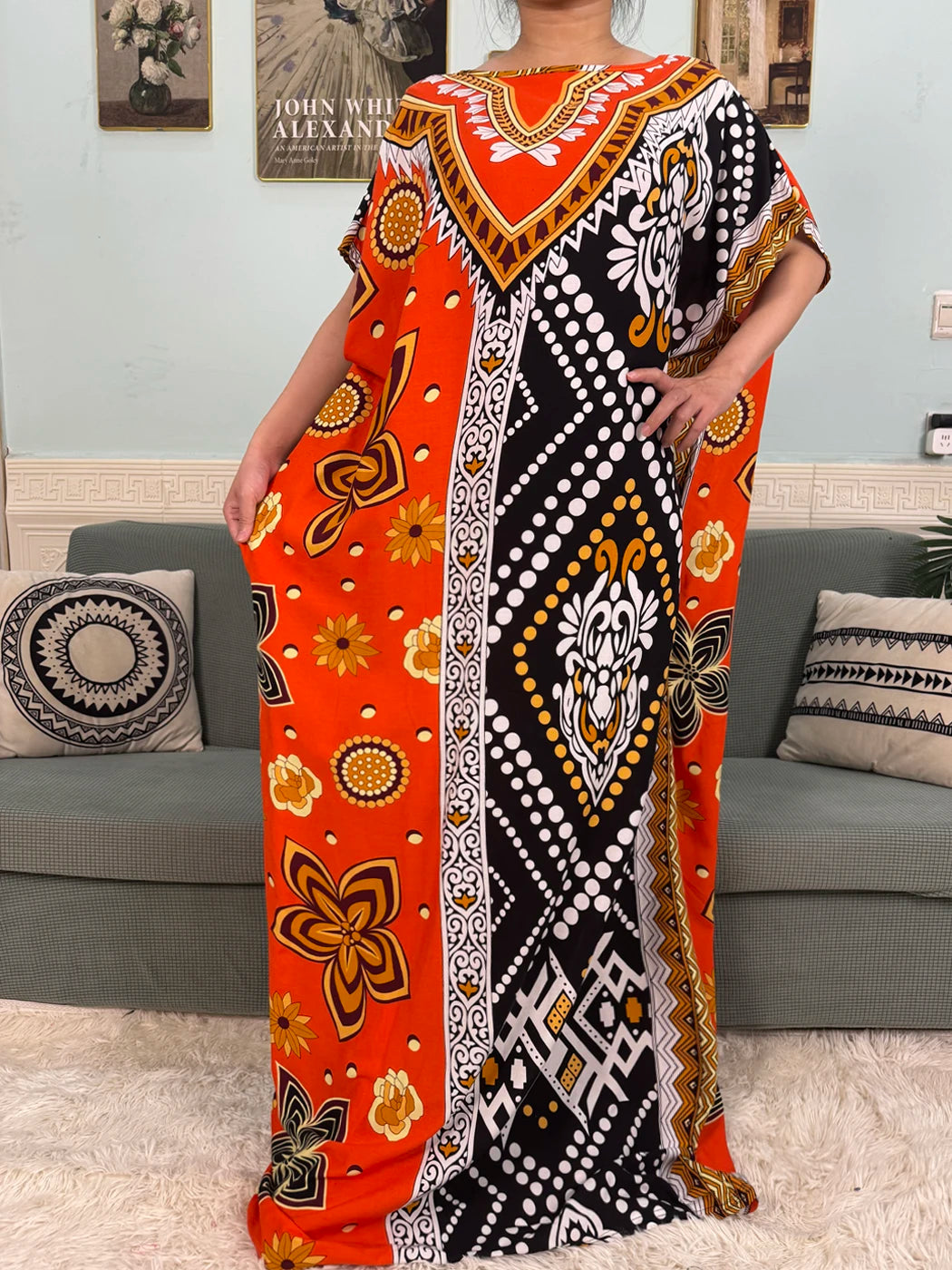 Muslim Abayas For Women 2025 Cotton Floral Printed Loose Caftan Marocain Femme Robe Eid Islam African Dresses With Pocket Scarf