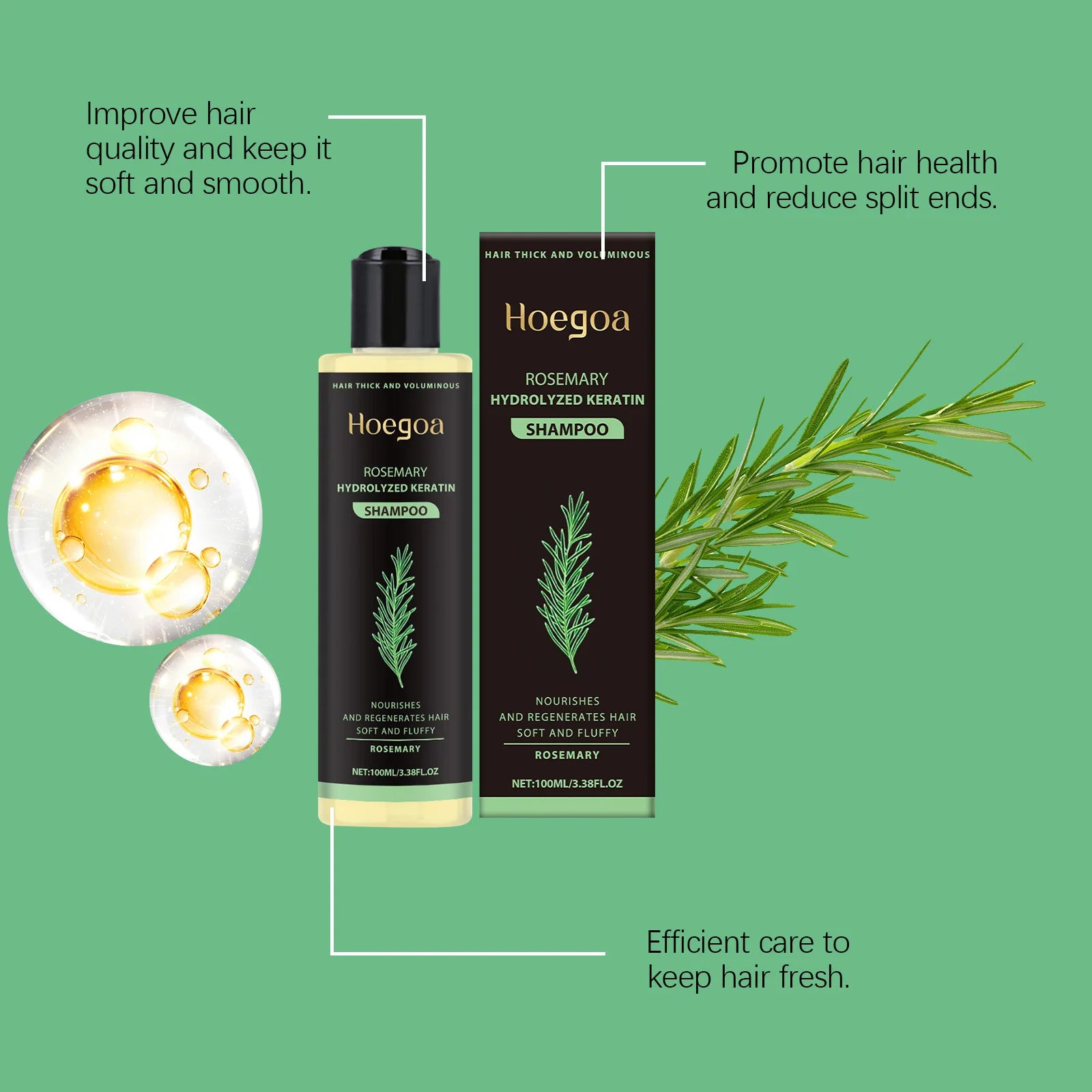 3pcs Rosemary Hair Growth Shampoo Thickening Hydrolyzed Keratin Dry Frizzy Damaged Repair Moisturizing Scalp Cleaning Shampoo