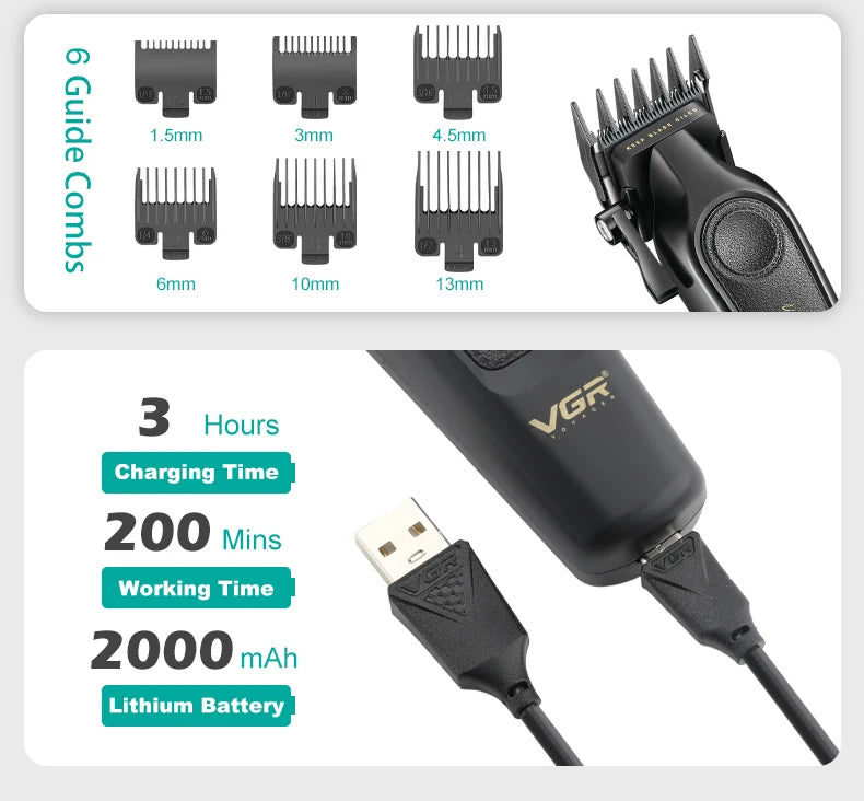 VGR V-197&995 high-end hair clipper two-piece set, metal leather body, electric push shear, LED digital display, oil head carvin