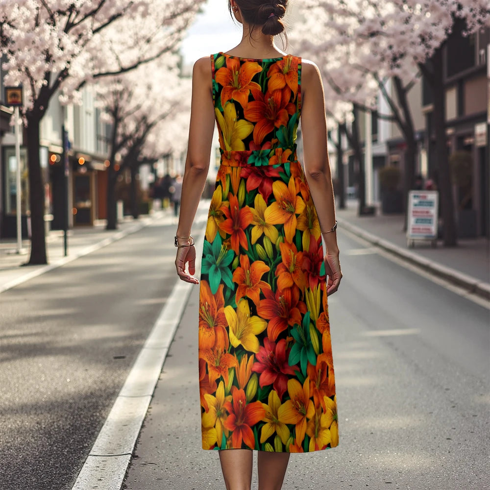 Elegant Floral Dress for Women Breathable A-Line Sleeveless Dress Chic Blue & White with Pink Blooms Office To Vacation Dress