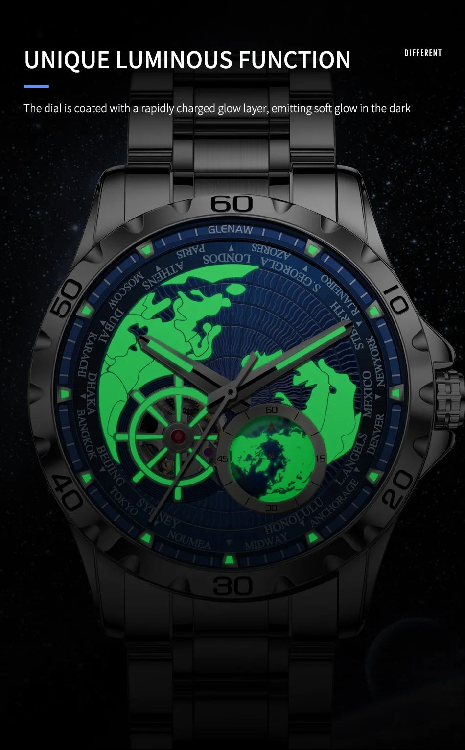 2025 New GLENAW Earth Series Mechanical Watch Men Rotating Earth Dial Night Light Waterproof Top Luxury Design Mechanical Watch