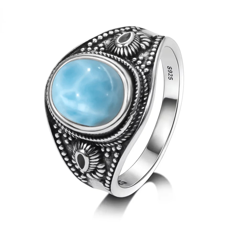Vintage 925 Silver Ring Natural Larimar Stone Ring Round Flower Shape Sky Blue Summer Ring Fine Jewelry Gift for Men Women