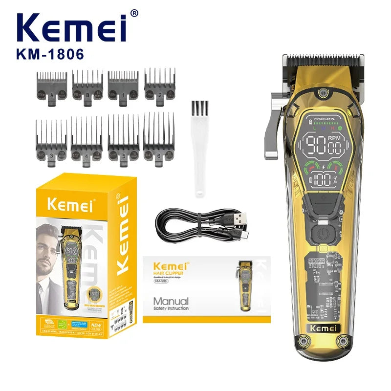 Kemei KM-1806 transparent body professional hair clipper three-speed adjustable speed rechargeable men's hair clipper