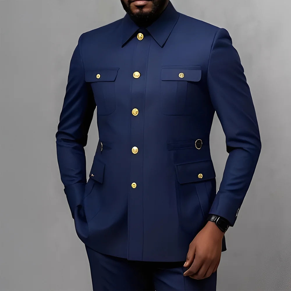 Men's 2-Piece Formal Suit, Utility Style, Golden Buttons, Suit + Trousers Combination, Fashionable Business Use