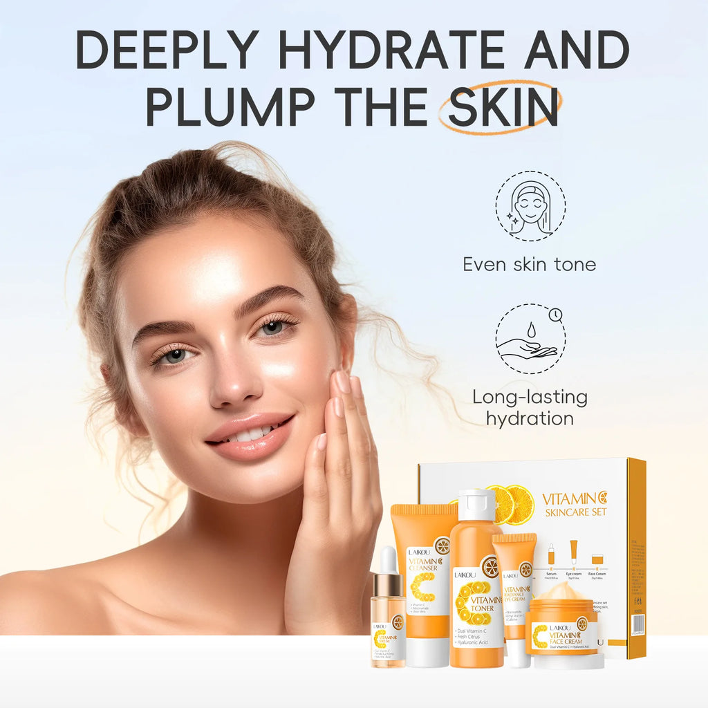 Facial Brightening Vitamin C Skincare 5pcs Set Essence Cream Serum Cleanser Toner Eye Moisturizer Care