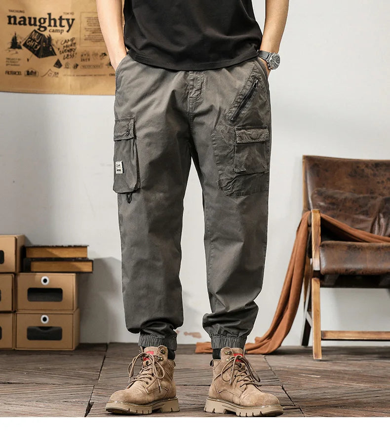 Man's Cargo Pants High Waist Casual Ninth Pants Fashion Slim High Street Straight Workwear Trousers Trend Streetwear Binding leg