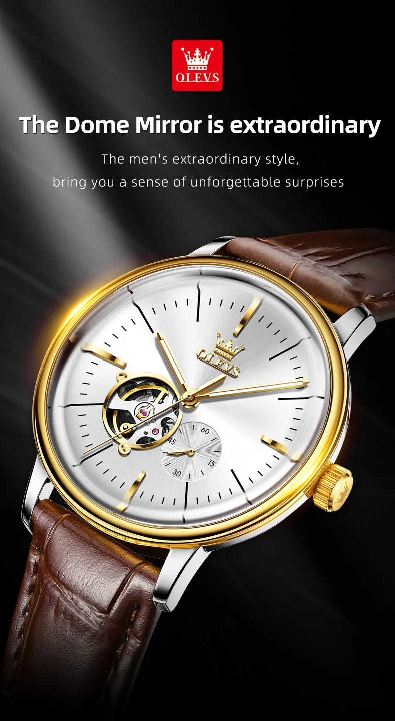 OLEVS 6708 Mechanical Watch for Men Fashion Arched Glass Automatic Men's Watches Hollow Simple Luxury Brand Original Man Watch