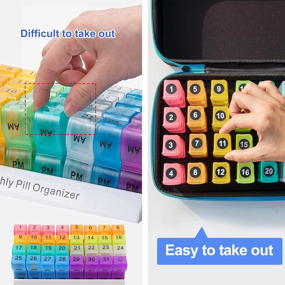 Pills Box Organizer with Travel Case, Monthly Medicine Organizer with 32 Daily Compartments for Vitamin, Fish Oil & Supplements