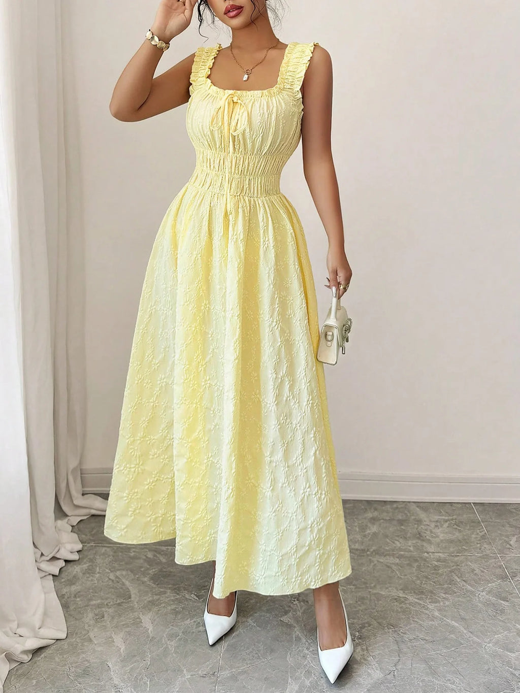 Women's Casual Dresses  Solid Yellow Smocked Dress Chic Dress Spring Summer Dress Beach Party Date Vacation Dress