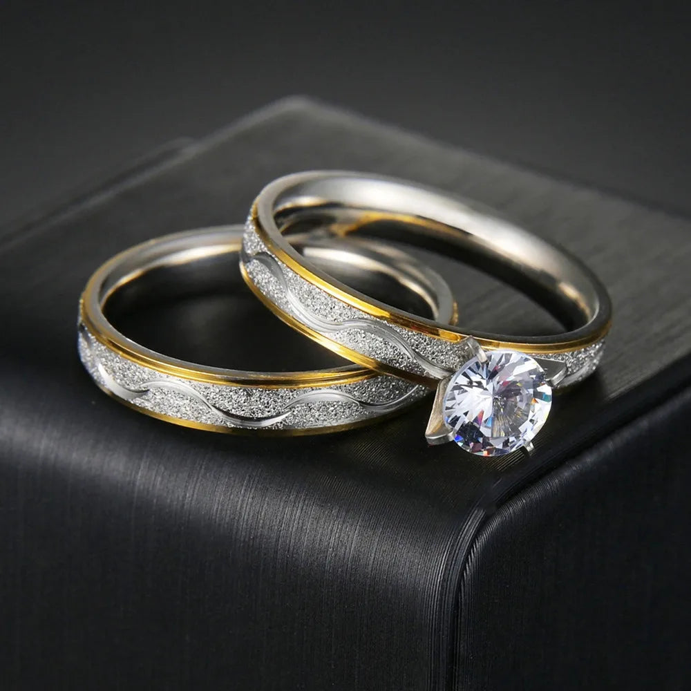 Couple Rings - Women Exquisite Rhinestones Zirconia Rings Set Simple Stainless Steel Men Ring Fashion Jewelry For Lover Gifts