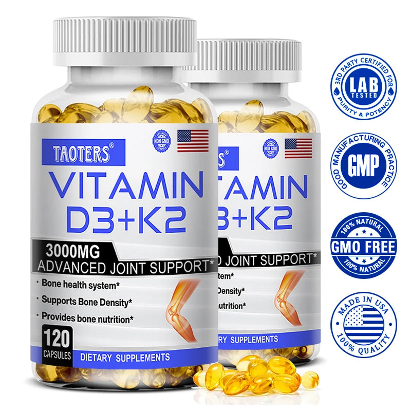 Vitamin D3+K2 Capsules - Helps Regulate Calcium Metabolism and Supports Teeth, Bones, Heart Health, Joint Health, and Immunity