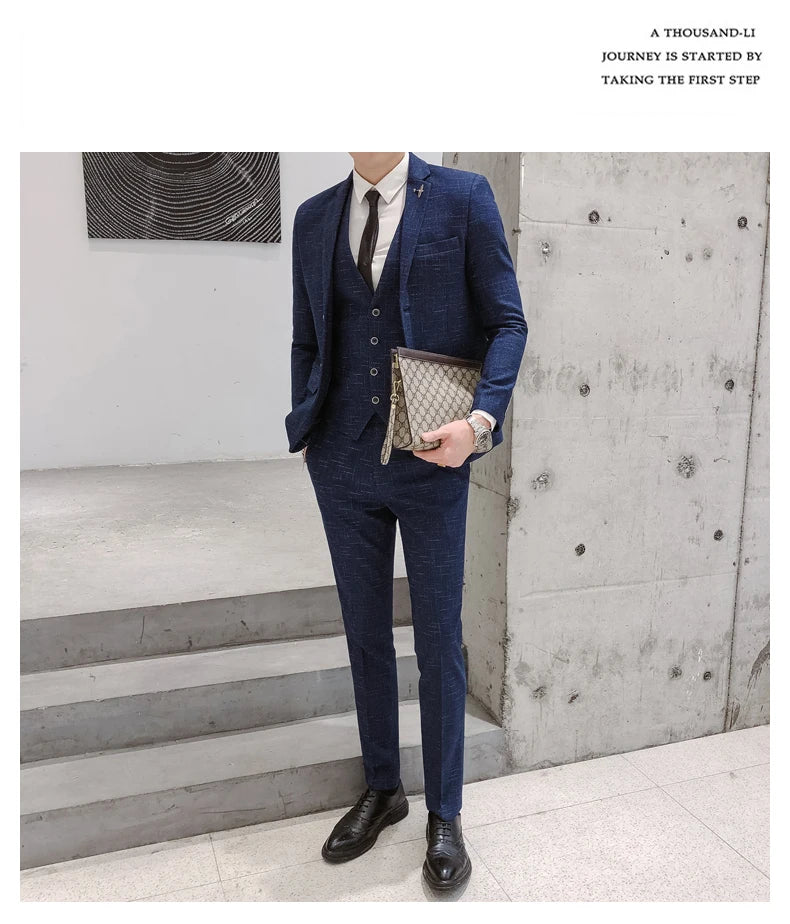 Men's Business Fitted Two-Button Suit Set Fashionable Versatile Trendy Three-Piece Ensemble for Groom Best Man Banquet Dress