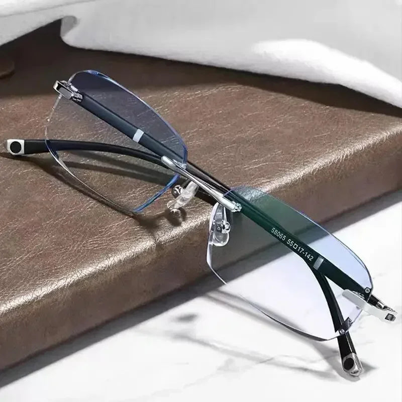 Myopia Glasses Frameless HD Optional Photochromic Glasses Anti Blue  Men's Anti Fatigue Clear Glasses