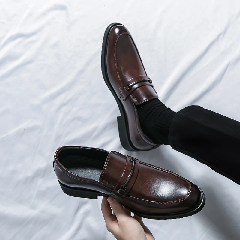 Men's Formal Leather Shoes Classic Style Slip On Loafers Round Toe Breathable Non-Slip Business Dress Wedding Office Casual Shos
