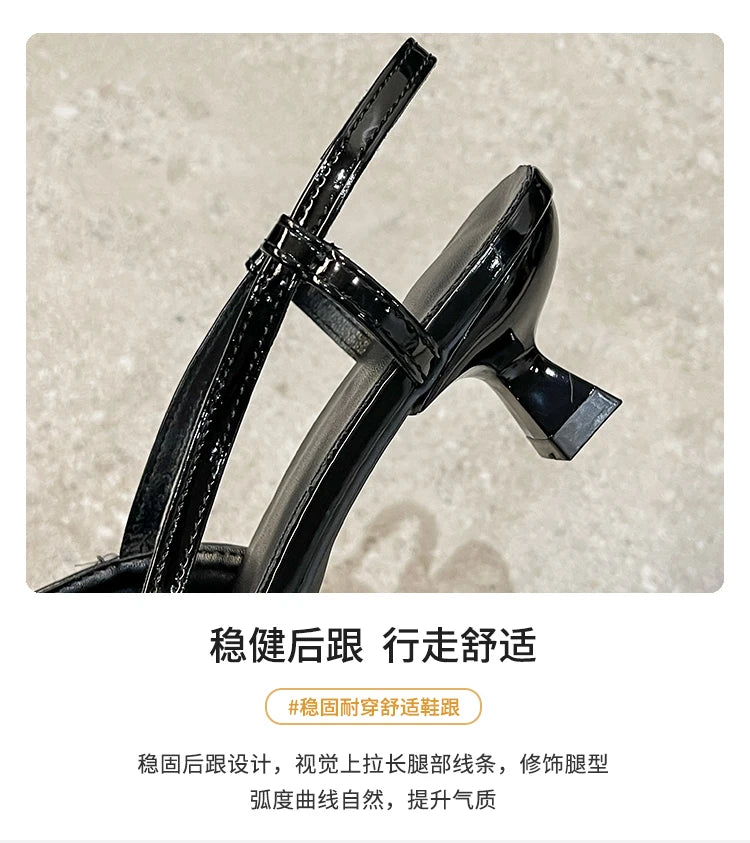 2026 New Summer Women's Dress Shoes Patent Leather Slip on Pointed Toe Sandals Buckle Slingbacks Mid Heels Pumps Sandalias Mujer