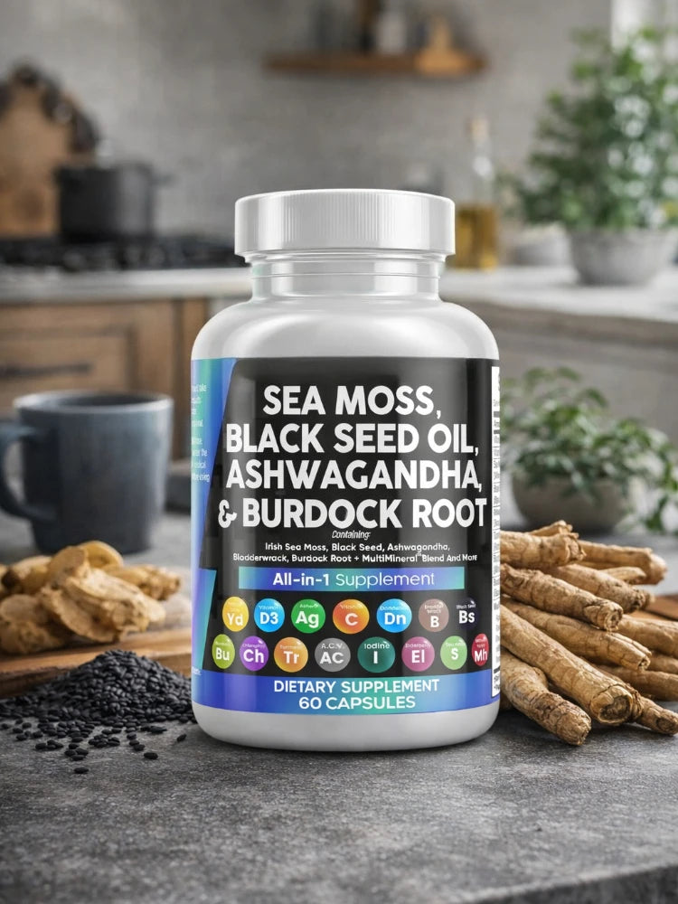 Sea Moss Capsules Contain Black Seed Turmeric & Vitamin D Plant-Based Daily Mineral  All in One Supplement 60 Count Per Bottle