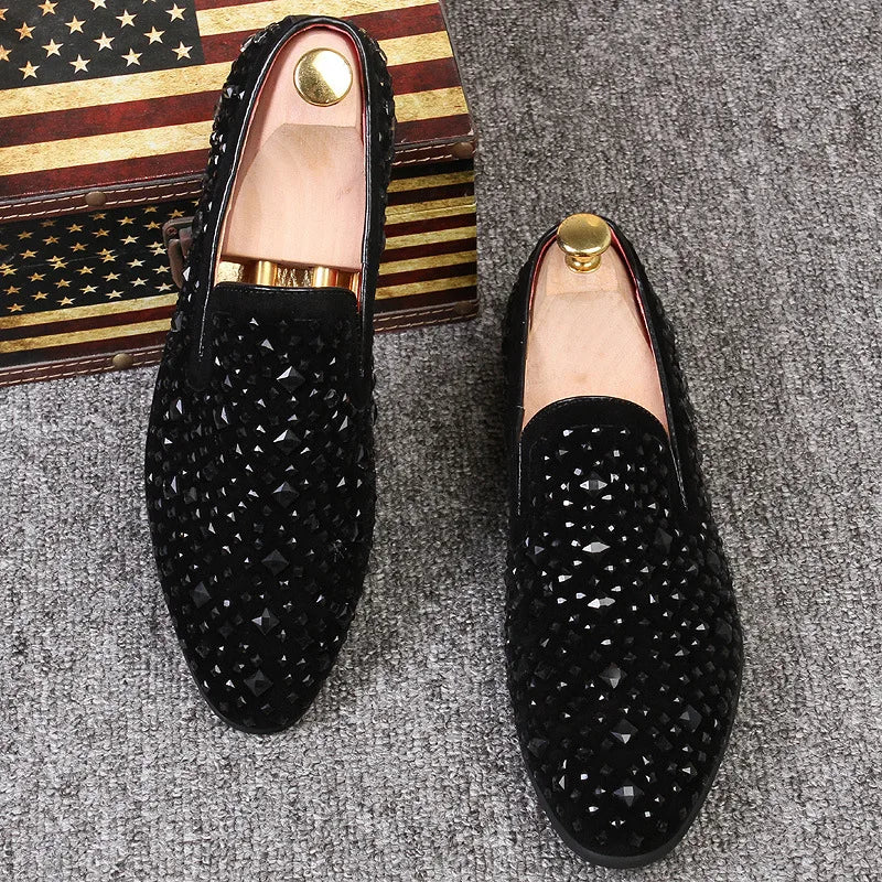 Dress Shoes for Men Luxury Pointed Toe Black Loafers Denim Metal Sequins Shoes Fashion High Quality Men Party Wedding Shoes New