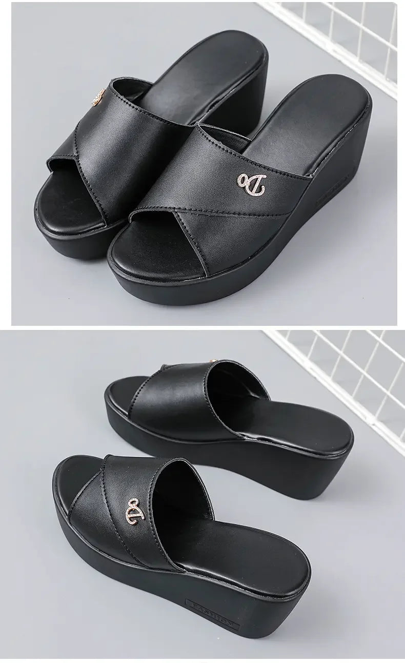 Women shoes Summer Fashion  leather Leisure shoes women platform wedges Fish Mouth Sandal Thick Bottom Slippers