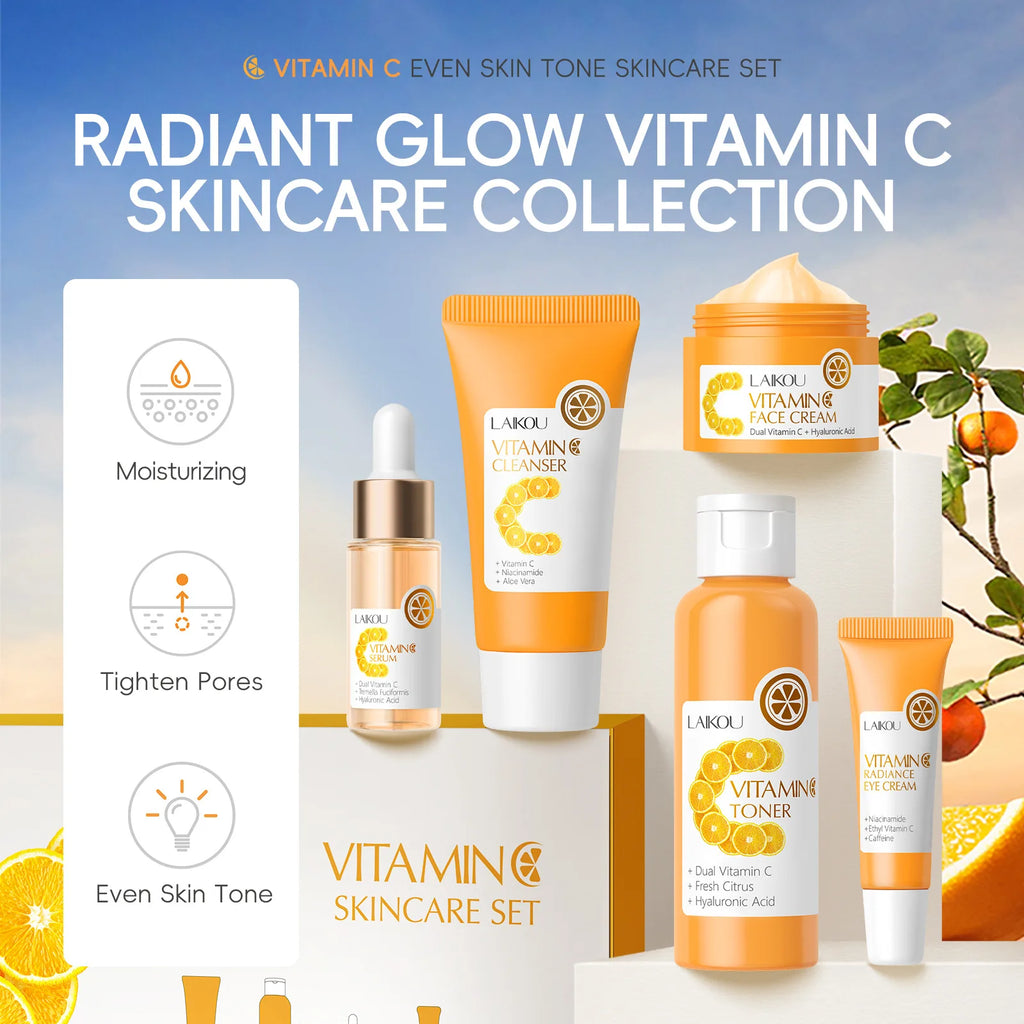 Facial Brightening Vitamin C Skincare 5pcs Set Essence Cream Serum Cleanser Toner Eye Moisturizer Care