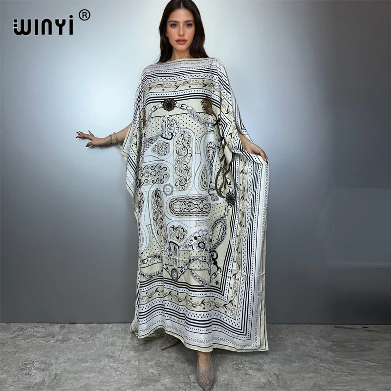 Printed Dresses For Women 2025 Fashion Design Loose Dress Batwing Maxi Long Femme Vestidos Summer Autumn Party Elegant Dress