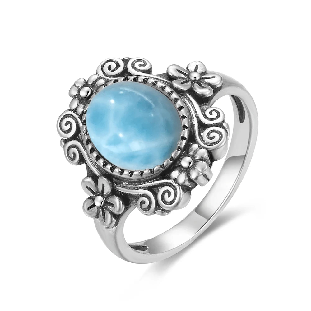 Vintage 925 Silver Ring Natural Larimar Stone Ring Round Flower Shape Sky Blue Summer Ring Fine Jewelry Gift for Men Women