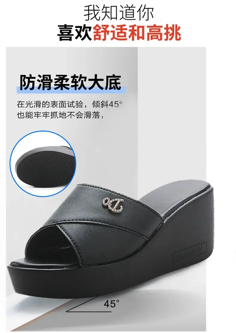 Women shoes Summer Fashion  leather Leisure shoes women platform wedges Fish Mouth Sandal Thick Bottom Slippers