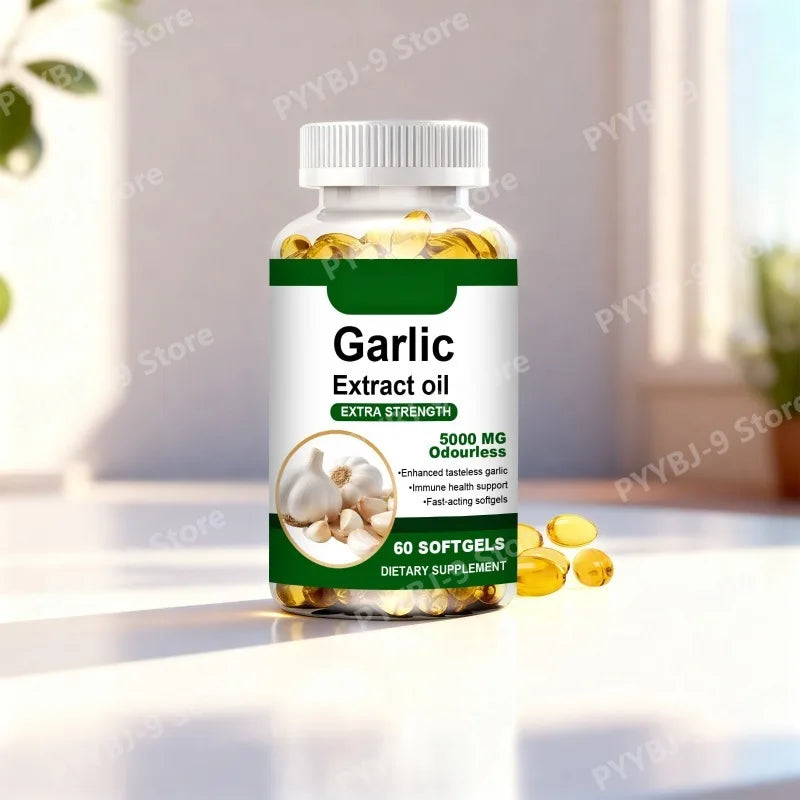 Odourless Garlic Extract Softgels 5000mg – Immune Boost & Heart Health Support – Fast-Acting Formula, 60 Tasteless Softgels
