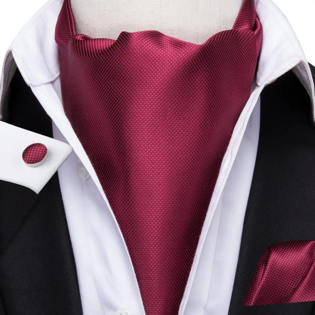 Hi-Tie Mens Ascot Black Pink Blue Red Gold Green Purple White Cravat Tie Hanky Cufflinks for Male Wedding Business Prom