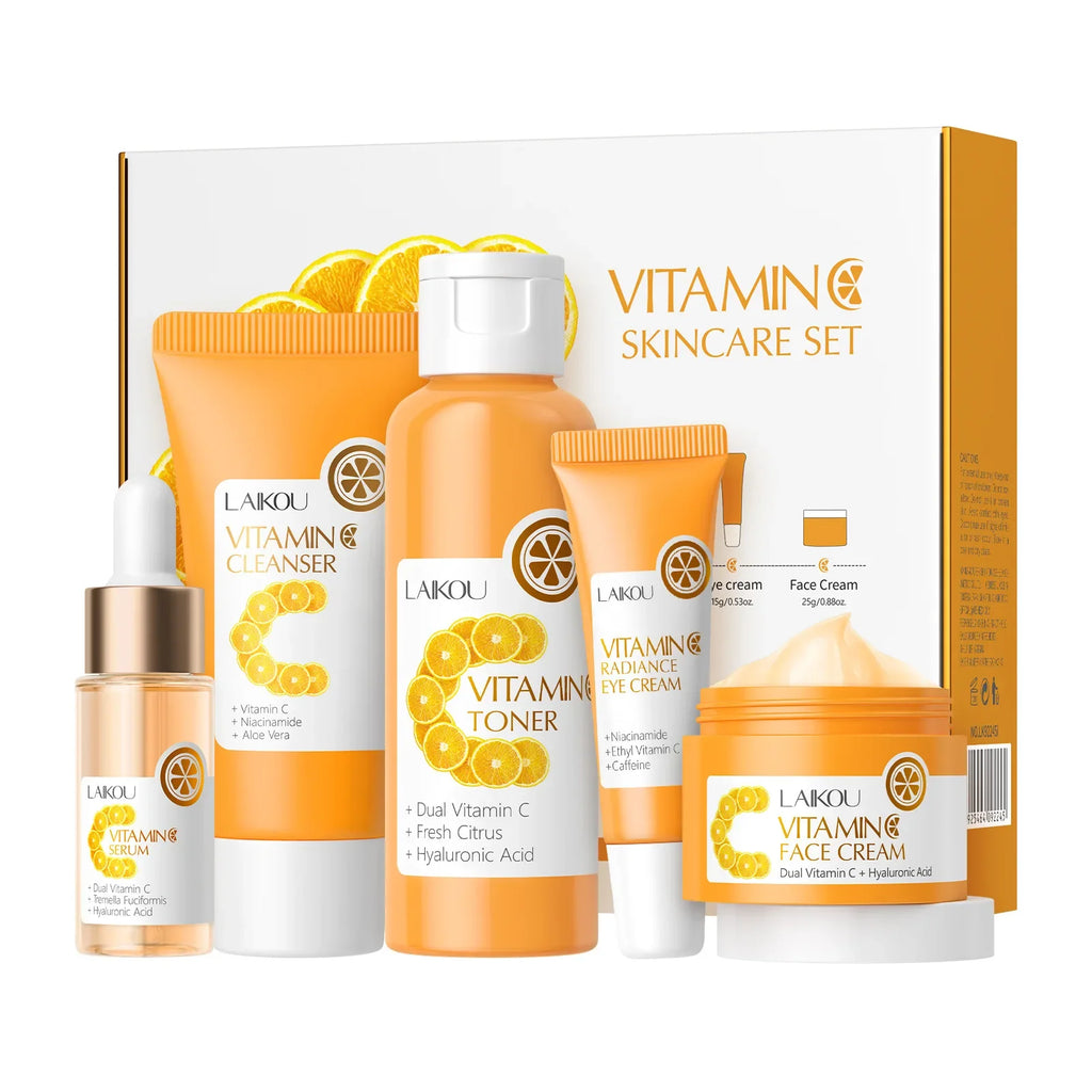 Facial Brightening Vitamin C Skincare 5pcs Set Essence Cream Serum Cleanser Toner Eye Moisturizer Care