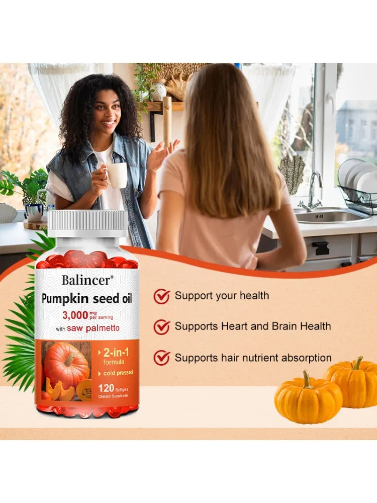 Pumpkin Seed Oil 3000mg with Saw Palmetto, Men’s Prostate, Urinary, Bladder & Hair Growth Support, Anti-Hair Loss, Non-GMO