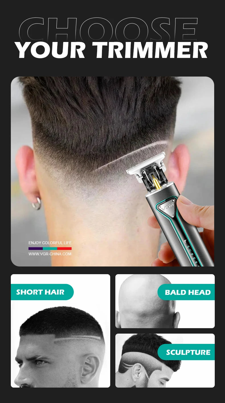 VGR Hair Clipper T9 Hair Trimmer Professional Hair Cutting Machine Metal Wireless Electric Rechargeable Clippers for Men V-009