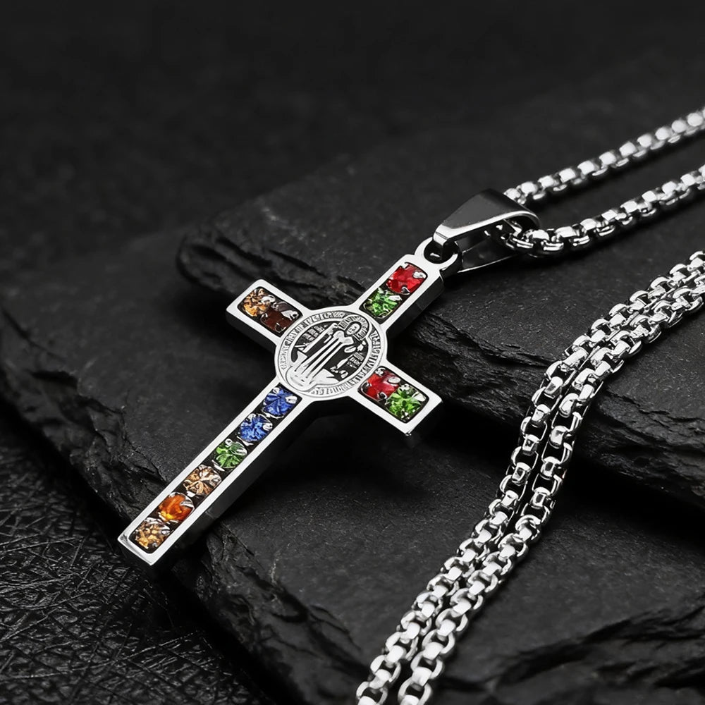 Saint Benedict Jesus Cross Stainless Steel Necklace Catholic Crucifix Male Colored Zircon Necklaces Jewelry San Benito