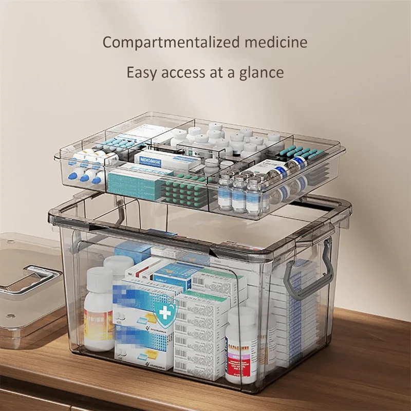 Multifunctional Plastic All-in-One Medicine Organizer - Transparent Water-Resistant Medical Storage Box, Medication Container