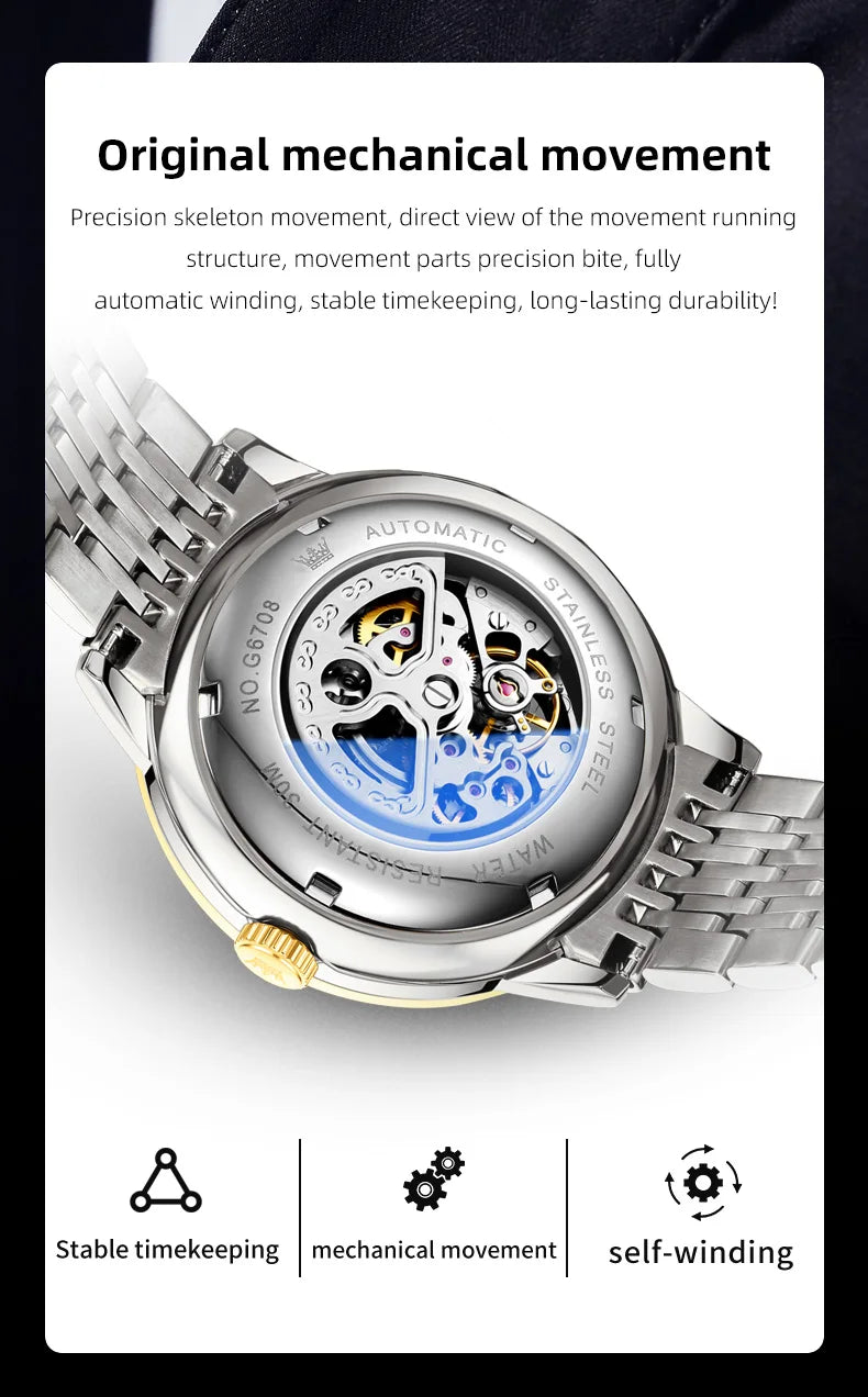 OLEVS 6708 Mechanical Watch for Men Fashion Arched Glass Automatic Men's Watches Hollow Simple Luxury Brand Original Man Watch