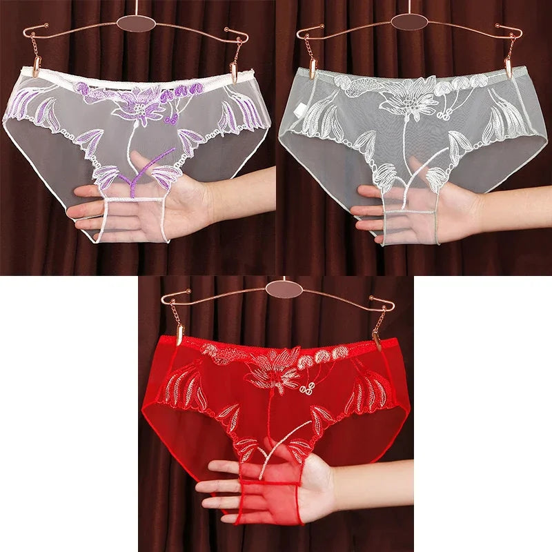 3PCS Solid Full Mesh Sexy Briefs Embroidered Floral Transparent Panties Plus Size Seamless Underwear Low Waist Erotic Lingerie