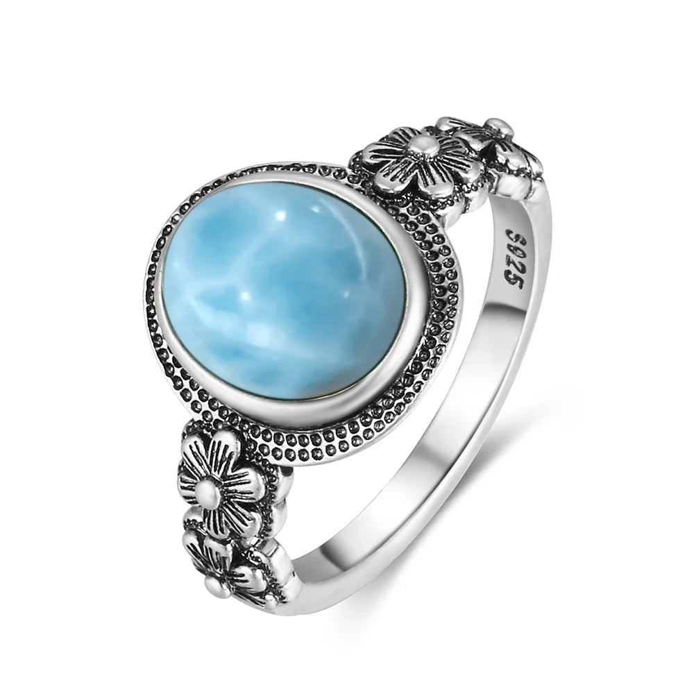 Vintage 925 Silver Ring Natural Larimar Stone Ring Round Flower Shape Sky Blue Summer Ring Fine Jewelry Gift for Men Women