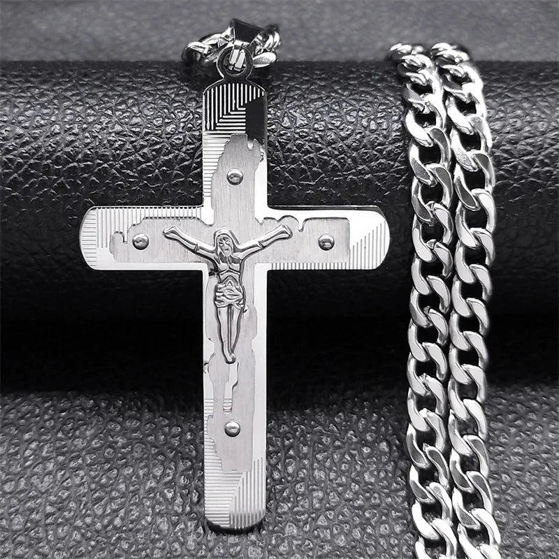 Jesus Cross Necklace Women Stainless Steel Chain for Men Silver Color Crucifix Religious Necklaces Jewelry Cruz collar N2343S05