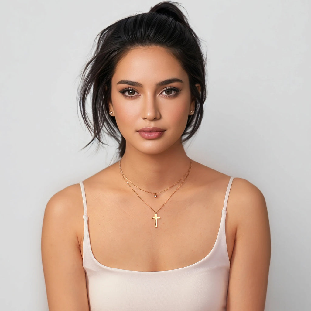 Layered Necklace for Women, Stackable Double pendant with CZ & Cross, Stainless Steel Waterproof Hypoallergenic Trendy Jewelry