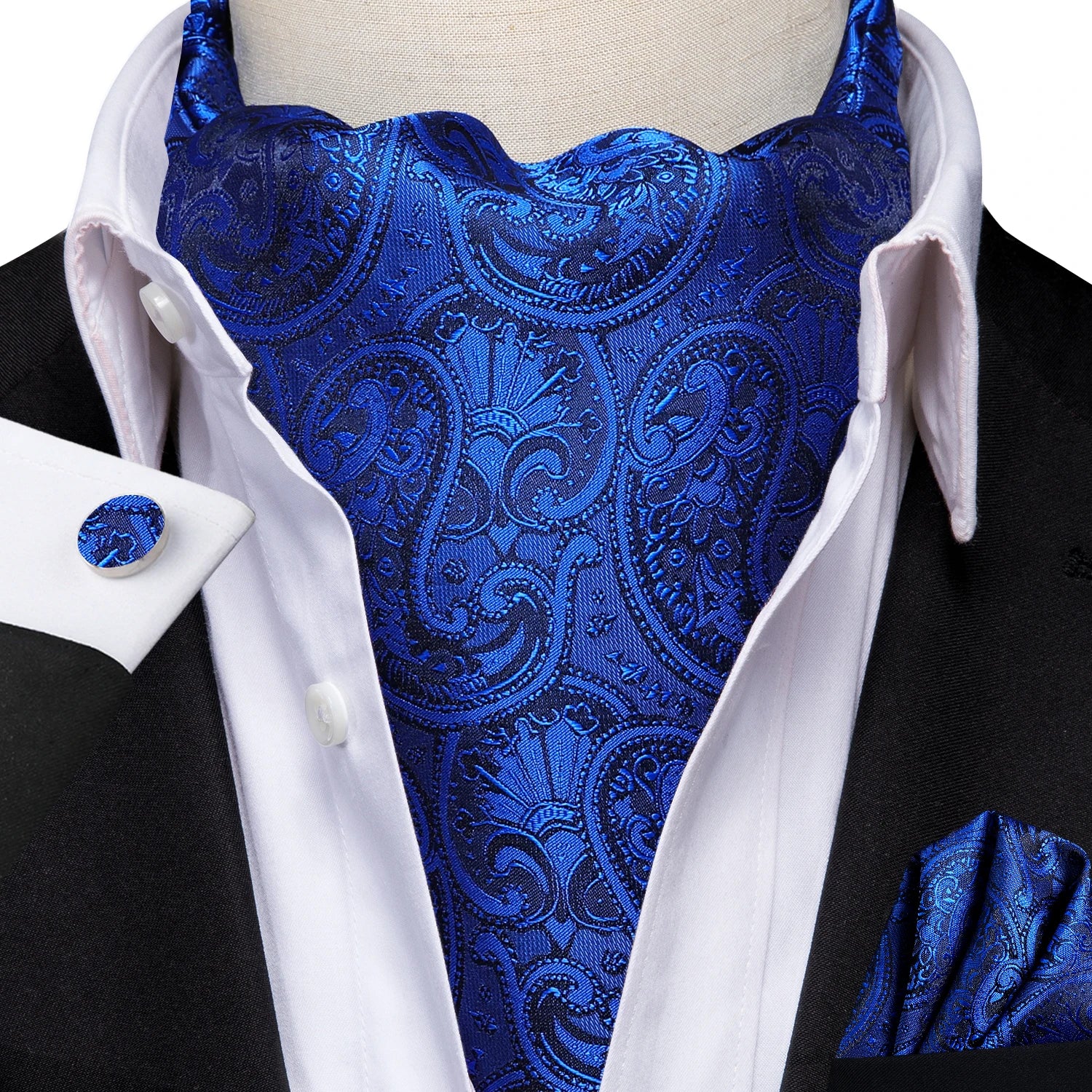 Hi-Tie Mens Ascot Black Pink Blue Red Gold Green Purple White Cravat Tie Hanky Cufflinks for Male Wedding Business Prom