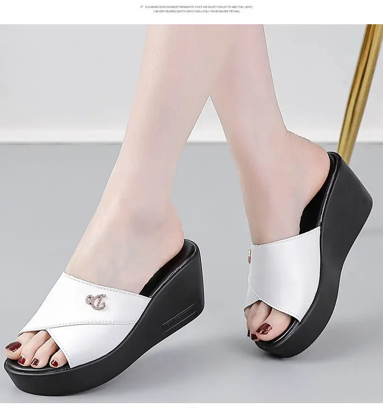 Women shoes Summer Fashion  leather Leisure shoes women platform wedges Fish Mouth Sandal Thick Bottom Slippers