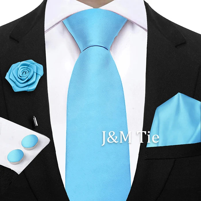 Mens Ties Solid NeckTie Pocket Square Brooch Set Men's Wedding Pink Blue Purple Tie Suit Accessories Fit Group Holiday Party