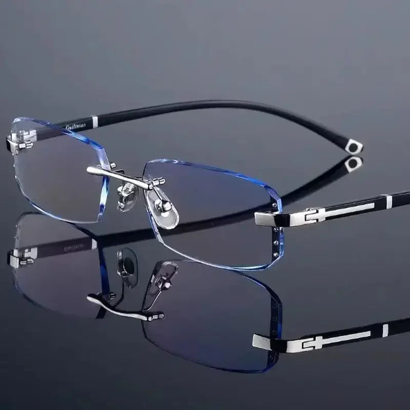 Myopia Glasses Frameless HD Optional Photochromic Glasses Anti Blue  Men's Anti Fatigue Clear Glasses