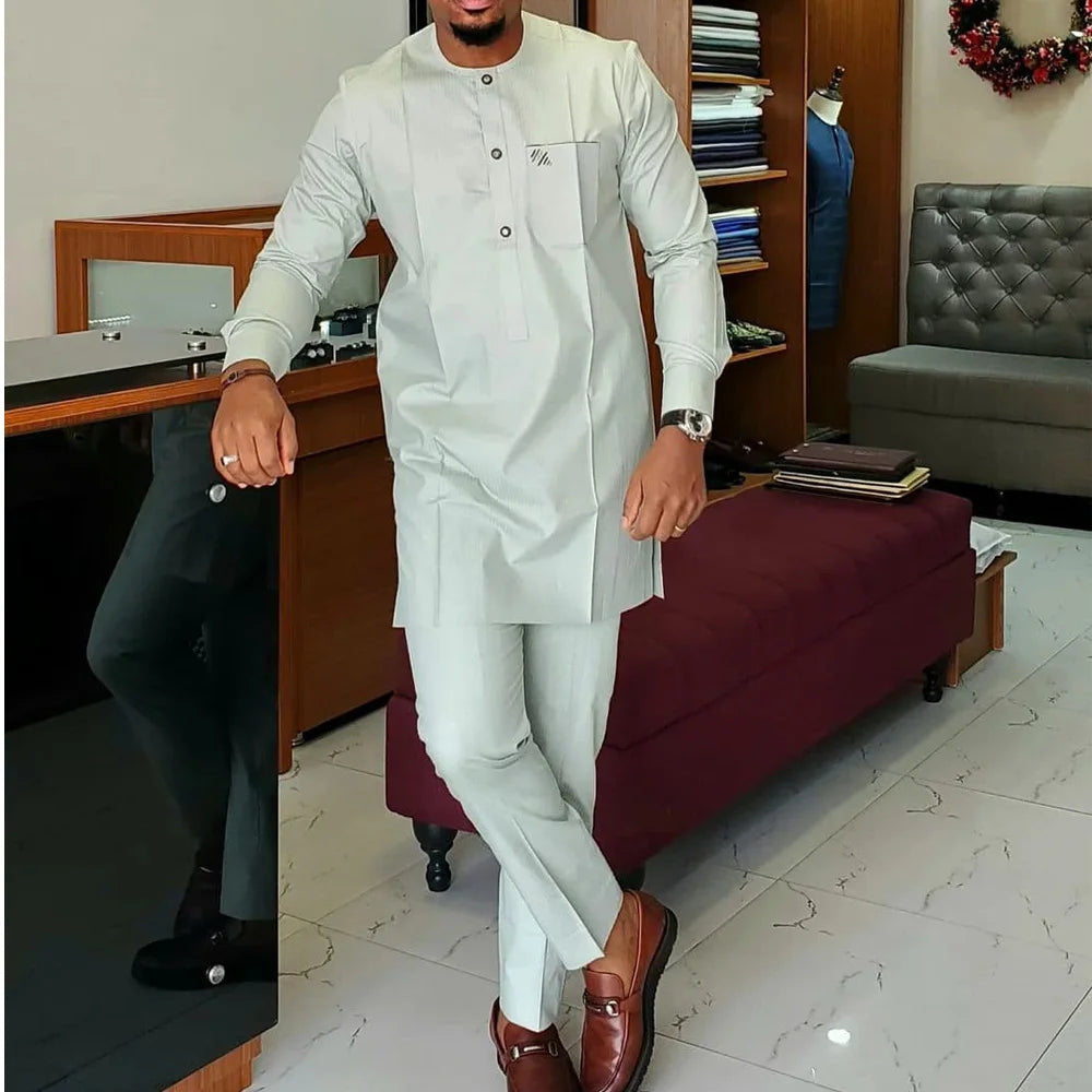 Wedding Suit For Men White Embroidered Pocket Top Pants Ensemble Homme African Traditional Casual Wear 2Pcs Sets Kaftan Outfits