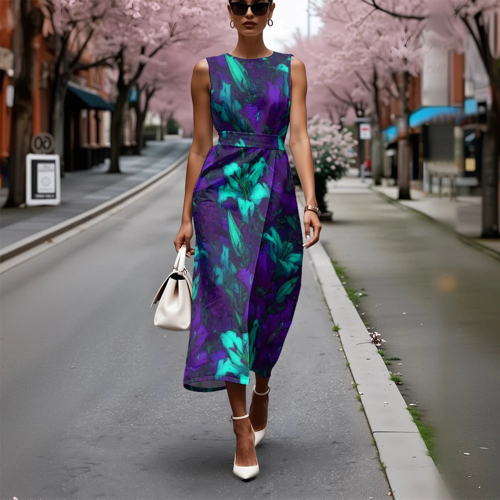 Elegant Floral Dress for Women Breathable A-Line Sleeveless Dress Chic Blue & White with Pink Blooms Office To Vacation Dress