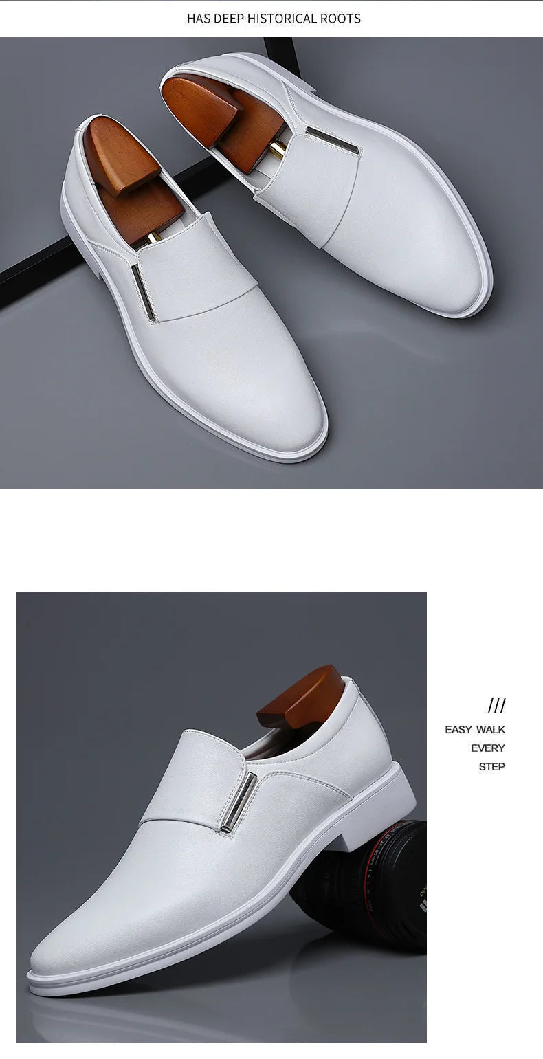 2025 New Men's Elevating Dress Shoes British Style Pointed-Toe Cowhide Leather Soft White Oxfords Formal Business Footwear