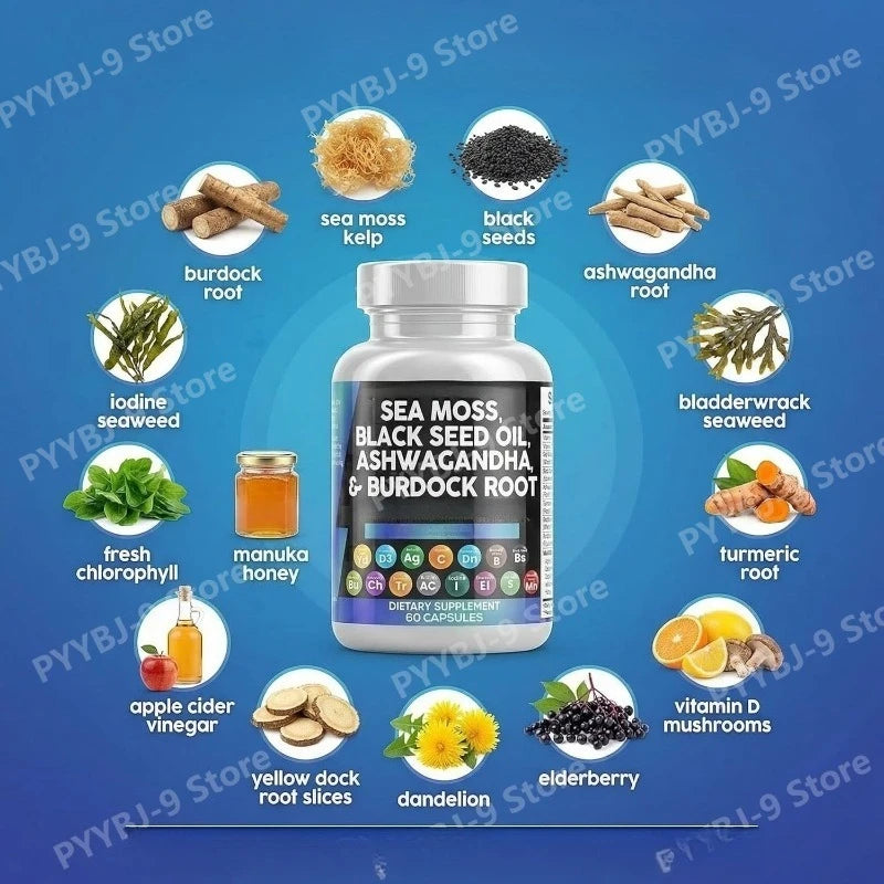 Sea Moss Black Seed Oil Ashwagandha Burdock Bladderwrack Turmeric Complex Elderberry Chlorophyll ACV Dandelion60 Capsules
